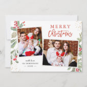 Chic Holly Berries Merry Kerstfeest 2 Foto Feestdagenkaart (Voorkant)