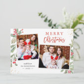 Chic Holly Berries Merry Kerstfeest 2 Foto Feestdagenkaart (Staand voorkant)