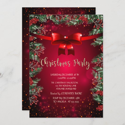 Chic Holly Berries Red Bow Company kerst Kaart (Voorkant / Achterkant)