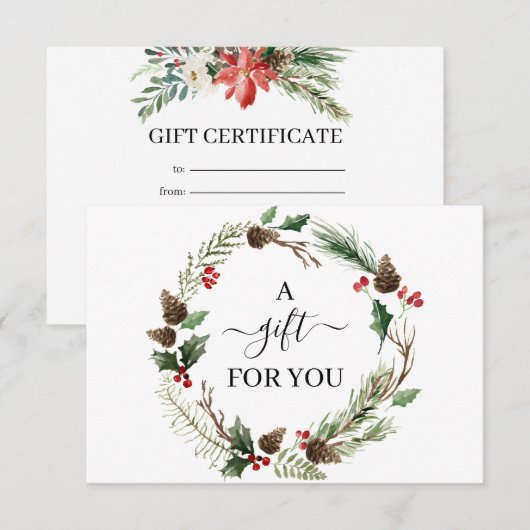 Chic Holly Berry & Leaves Wreath Gift Certificate (Voorkant / Achterkant)