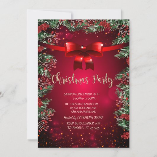 Chic Holly Bessen Roode Strik Bedrijfs Kerstfeest Kaart (Voorkant)