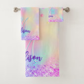 Chic holographic unicorn dripping glitter monogram bad handdoek (Insitu)