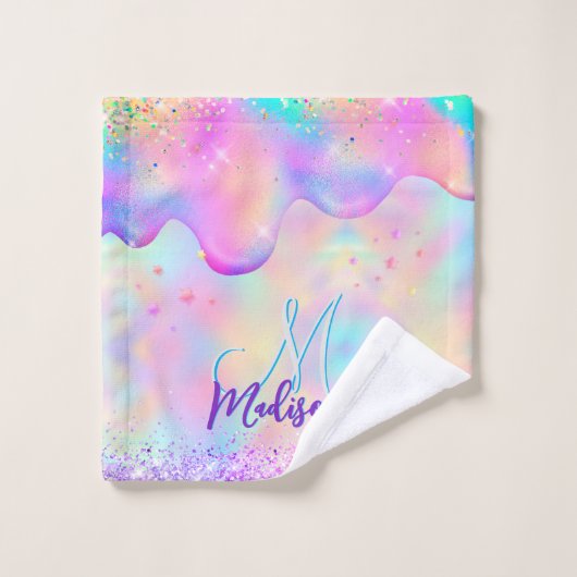 Chic holographic unicorn dripping glitter monogram bad handdoek (Wasdoekje)