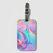 Chic holographic unicorn dripping glitter monogram bagagelabel (Voorkant (verticaal))