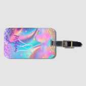 Chic holographic unicorn dripping glitter monogram bagagelabel (Voorkant (horizontaal))