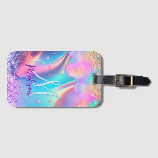 Chic holographic unicorn dripping glitter monogram bagagelabel (Voorkant (horizontaal))