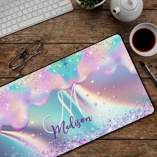 Chic holographic unicorn dripping glitter monogram bureaumat