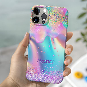 Chic holographic unicorn dripping glitter monogram iPhone 16 hoesje