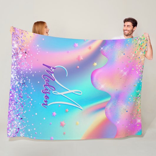 Chic holographic unicorn dripping glitter monogram fleece deken (In situ)