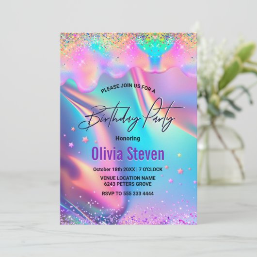 Chic holographic unicorn dripping glitter monogram kaart (Staand voorkant)