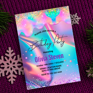 Chic holographic unicorn dripping glitter monogram kaart