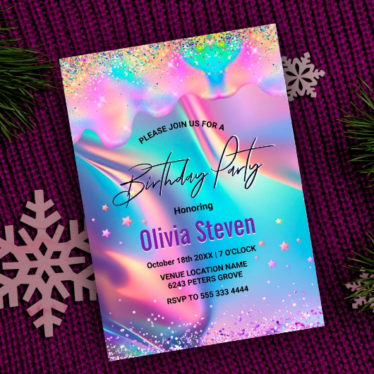 Chic holographic unicorn dripping glitter monogram kaart