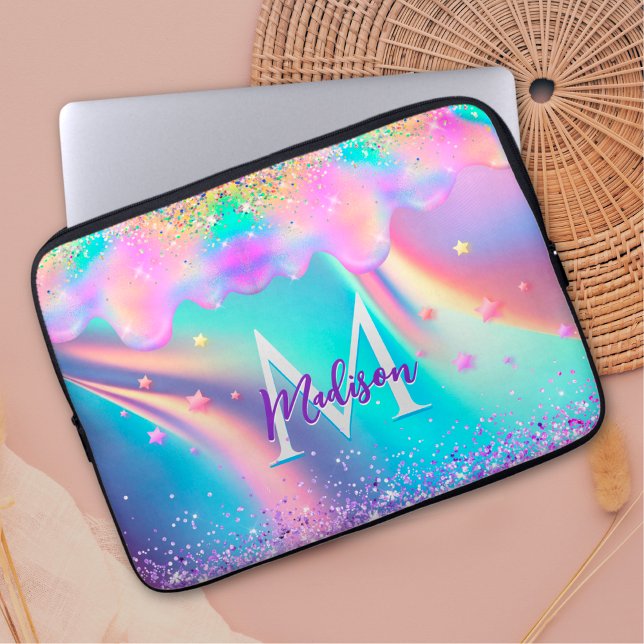 Chic holographic unicorn dripping glitter monogram laptop sleeve (Creator heeft geüpload)