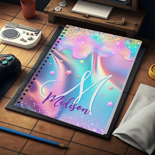 Chic holographic unicorn dripping glitter monogram notitieboek