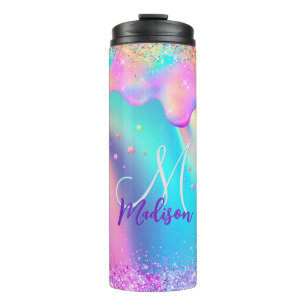 Chic holographic unicorn dripping glitter monogram thermosbeker