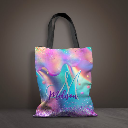 Chic holographic unicorn dripping glitter monogram tote bag