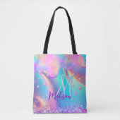Chic holographic unicorn dripping glitter monogram tote bag (Voorkant)