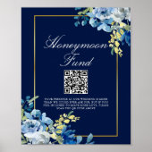 Chic Honeymoon Fund Navy Blauw Goud Bloemen Huweli Poster (Voorkant)