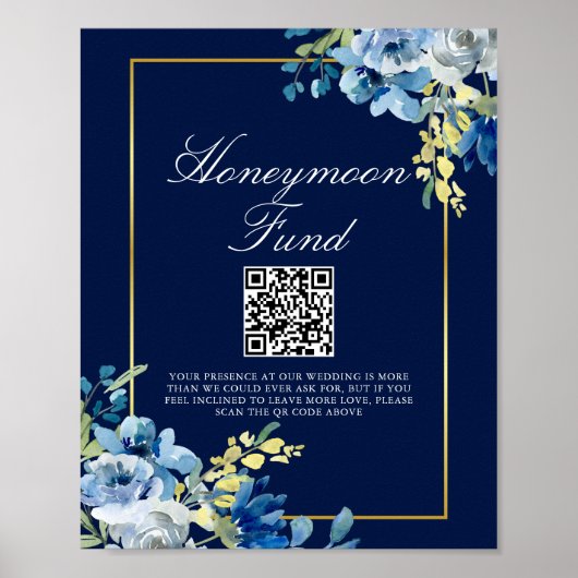 Chic Honeymoon Fund Navy Blauw Goud Bloemen Huweli Poster (Voorkant)