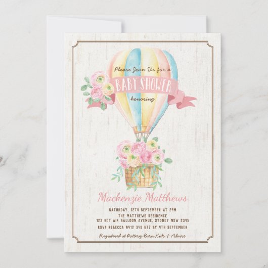 Chic Hot Air ballonroze Floral Girl Baby shower Kaart (Voorkant)