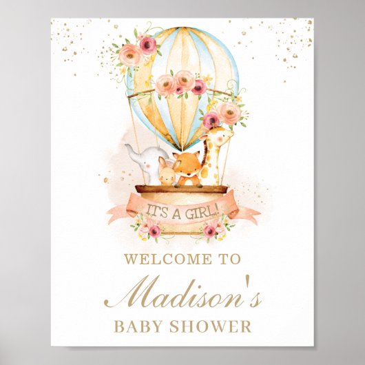 Chic Hot Air Balloon Baby shower Animals Welkom Poster (Voorkant)