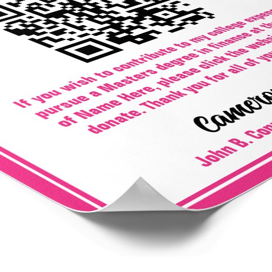 Chic Hot Pink Afstuderen College Fund QR-code Poster (Hoek)