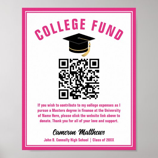 Chic Hot Pink Afstuderen College Fund QR-code Poster (Voorkant)