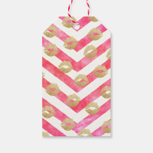 Chic Hot Pink Chevron Gold Lips Valentijnsdag Cadeaulabel (Achterkant)