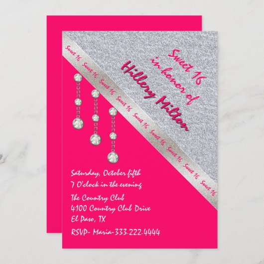 Chic Hot Pink en Silver Sweet 16 Uitnodiging (Voorkant / Achterkant)