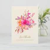 Chic Hot Pink Floral Wedding Photo Custom Message Bedankkaart (Staand voorkant)