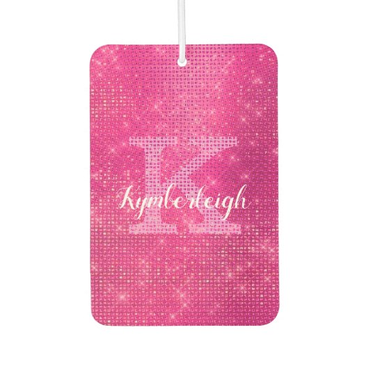 Chic Hot Pink Glam Diamond Sparkle Monogram Naam Luchtverfrisser (Voorkant)