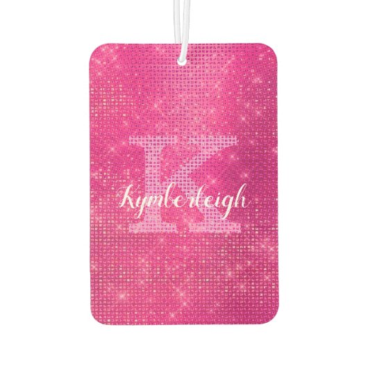 Chic Hot Pink Glam Diamond Sparkle Monogram Naam Luchtverfrisser (Achterkant)