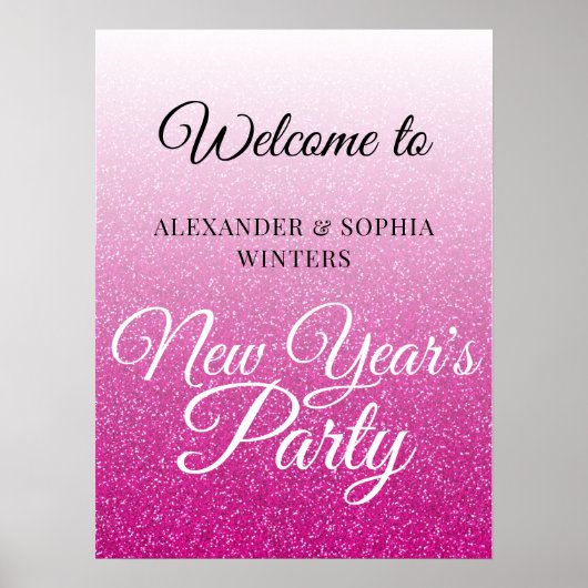 Chic Hot Pink Glitter New Years Party Welkom Poster (Voorkant)