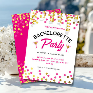 Chic Hot Pink & Gold Dots Bachelorette Party Kaart