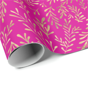 Chic Hot Pink Gold Foliage Patroon  Cadeaupapier