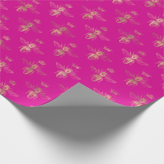 Chic Hot Pink Gold Queen Bee Pattern  Cadeaupapier (Hoek)