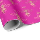Chic Hot Pink Gold Queen Bee Pattern  Cadeaupapier (Rol Hoek)