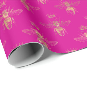 Chic Hot Pink Gold Queen Bee Pattern  Cadeaupapier