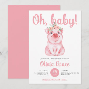Chic Hot Pink Little Pig Baby Girl Baby shower Kaart