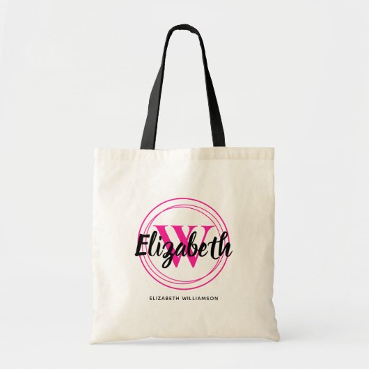 Chic Hot Pink Monogram Initiaal Script Name Tote Bag (Voorkant)