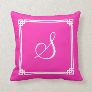 Chic Hot Pink Square Notched Border Monogrammed Kussen