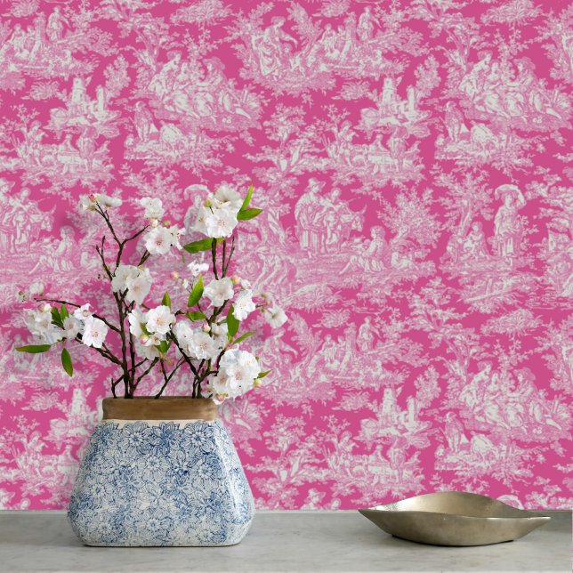 Chic  hot pink toile de jouy bedrukt behang (Creator heeft geüpload)