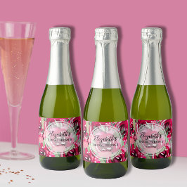 Chic Hot Pink Waterverf Floral Vrijgezellenfeest M Sparkling Wijnetiket