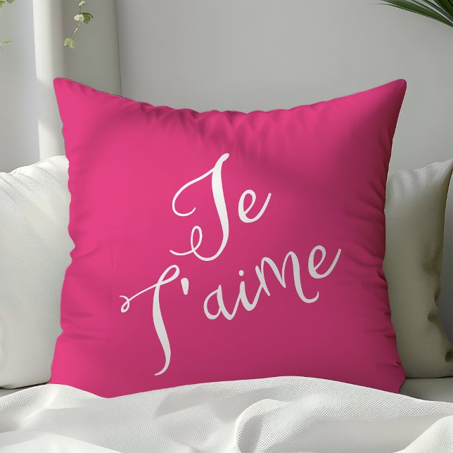 Chic Hot Pink & Witte Je T'aime Franse Typografie Kussen (Creator heeft geüpload)