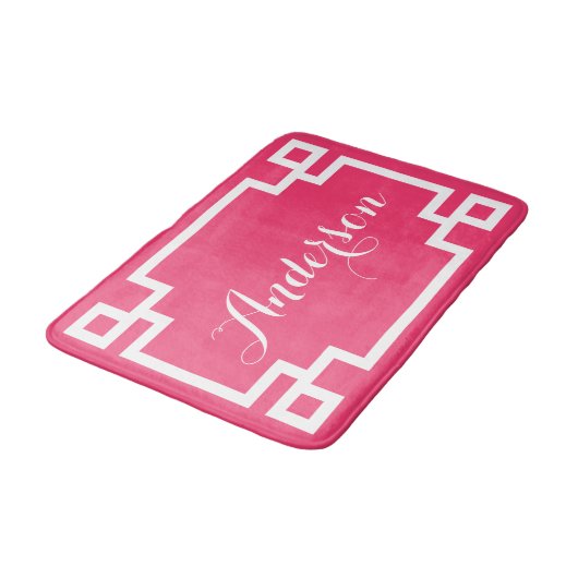 Chic Hot Roze en Witte Griekse Key Custom Monogram Badmat (Gekanteld)