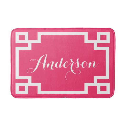 Chic Hot Roze en Witte Griekse Key Custom Monogram Badmat (Voorkant)