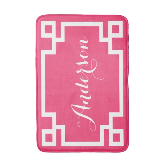 Chic Hot Roze en Witte Griekse Key Custom Monogram Badmat (Voorkant Verticaal)