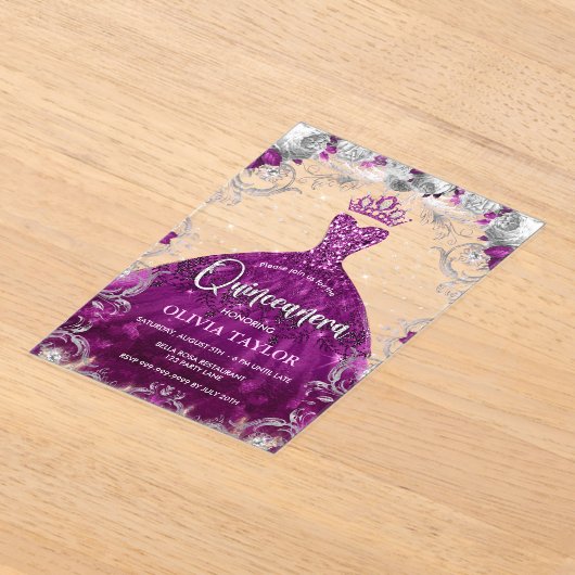 Chic hot roze fuchsia jurk floral Quinceanera Acryl Uitnodigingen (Laagn)