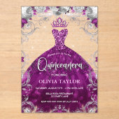 Chic hot roze fuchsia jurk floral Quinceanera Acryl Uitnodigingen (Voorkant)