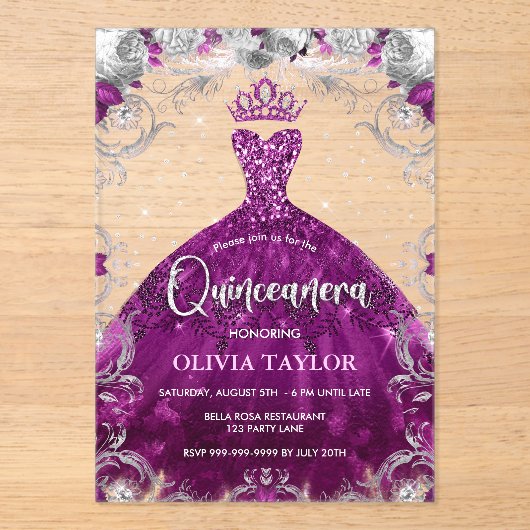 Chic hot roze fuchsia jurk floral Quinceanera Acryl Uitnodigingen (Voorkant)